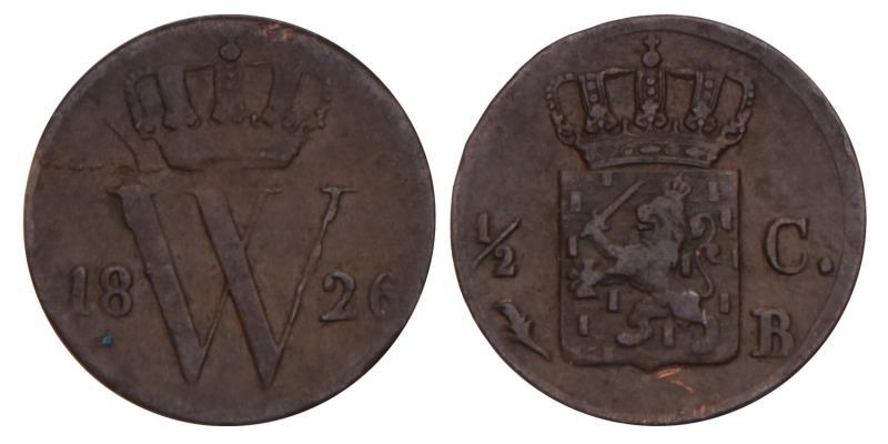 ½ Cent Willem I 1826 B. Zeer Fraai -.