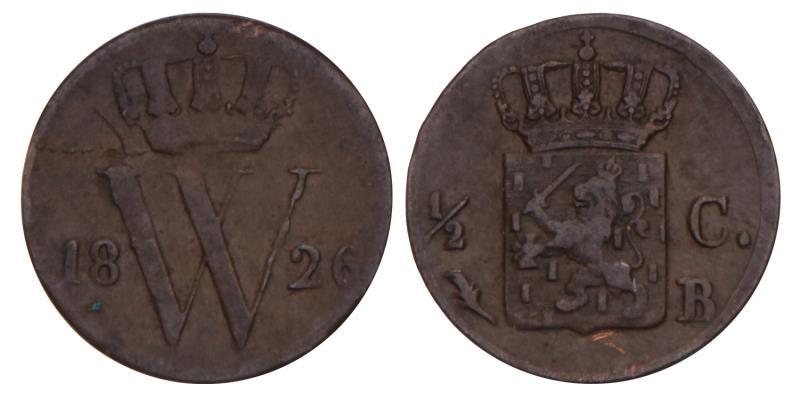 ½ Cent Willem I 1826 B. Zeer Fraai -.