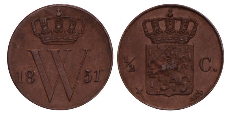 ½ Cent Willem III 1851. Prachtig +.