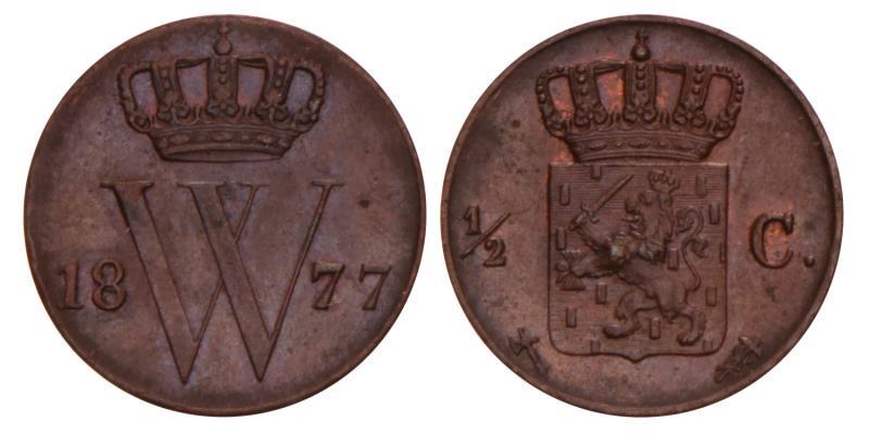 ½ Cent Willem III 1877. Prachtig +.