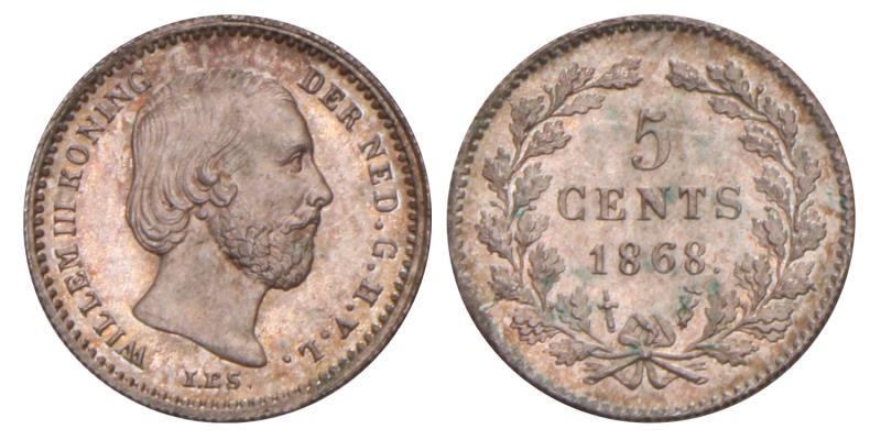 5 Cent Willem III 1868. Zeer Fraai / Prachtig.