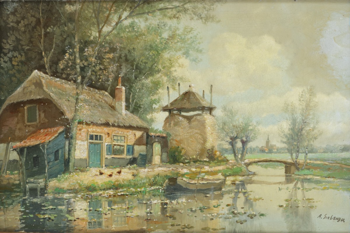 A. Siebenga, 20e eeuw, landschap met boerderij en hooimeid aan slootje.