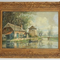 A. Siebenga, 20e eeuw, landschap met boerderij en hooimeid aan slootje.