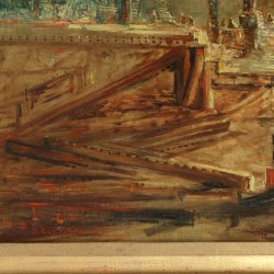 Hollandse School, 20e eeuw. Een scheepswerf bij avond.