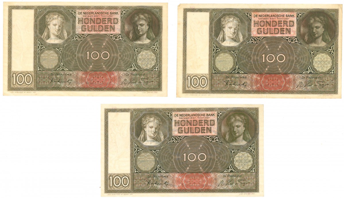 Nederland 3x 100 gulden Bankbiljet Type 1930 Luitspelende vrouw - Zeer Fraai