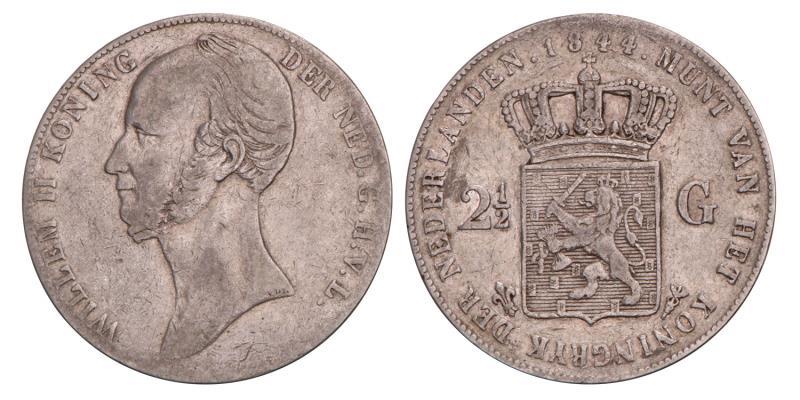 2½ Gulden Willem II 1844. Fraai / Zeer Fraai.