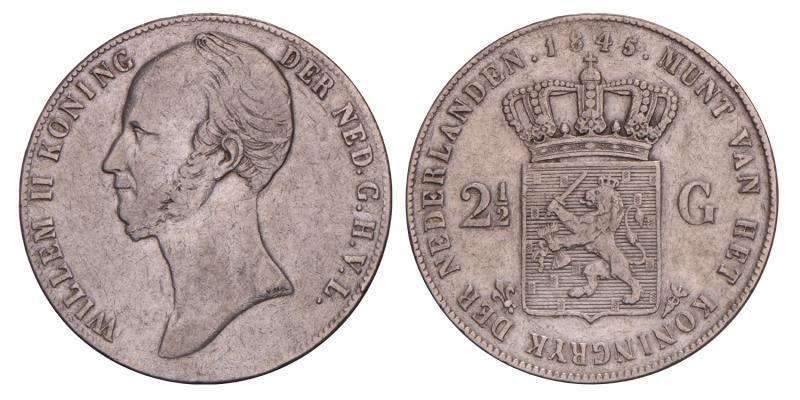 2½ Gulden Willem II 1845 parel op band. Fraai / Zeer Fraai.