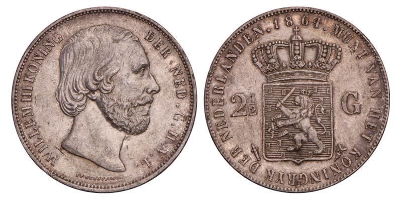 2½ Gulden Willem III 1864. Zeer Fraai / Prachtig.