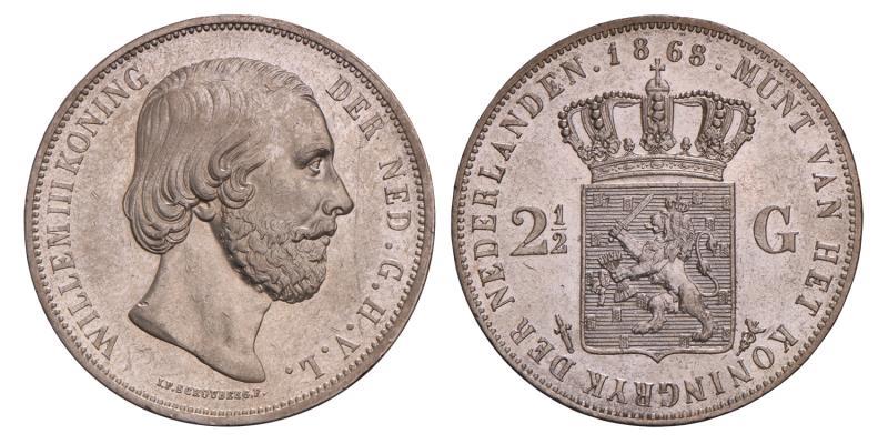 2½ Gulden Willem III 1868. Prachtig +.