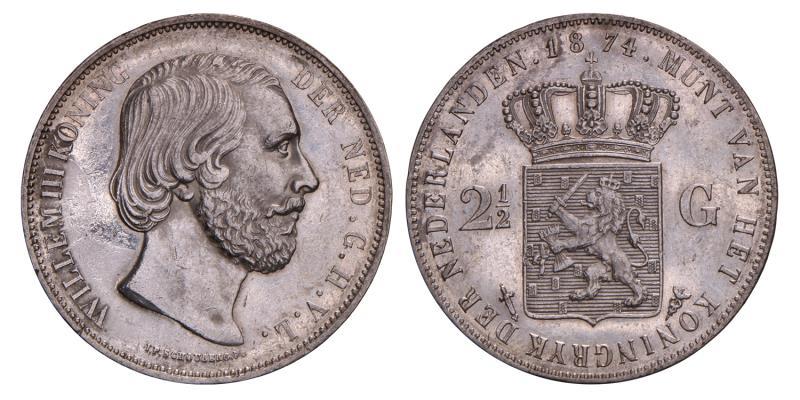 2½ Gulden Willem III 1874 zwaard met klaverbladvormig uiteinde. Prachtig +.