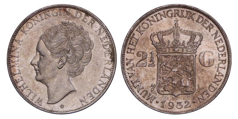2½ Gulden Wilhelmina 1932 grofhaar. Prachtig.