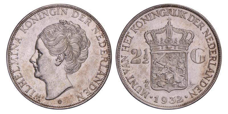 2½ Gulden Wilhelmina 1932 grofhaar. Zeer Fraai / Prachtig.