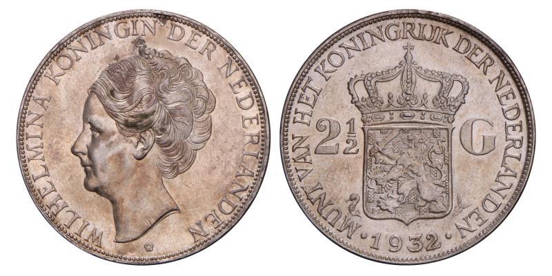2½ Gulden Wilhelmina 1932 grofhaar. Zeer Fraai +.