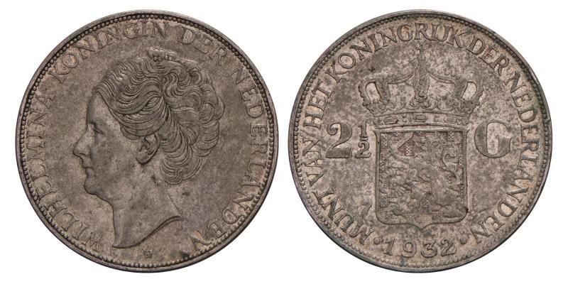 2½ Gulden Wilhelmina 1932 grofhaar. Zeer Fraai.