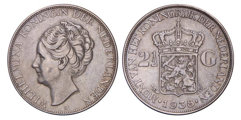 2½ Gulden Wilhelmina 1938. Zeer Fraai +.