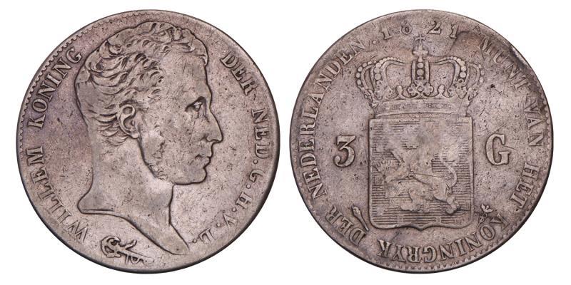 3 Gulden Willem I 1821 U zonder michaut. Fraai / Zeer Fraai.