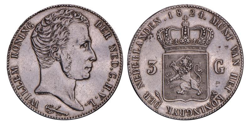 3 Gulden Willem I 1824. Prachtig.