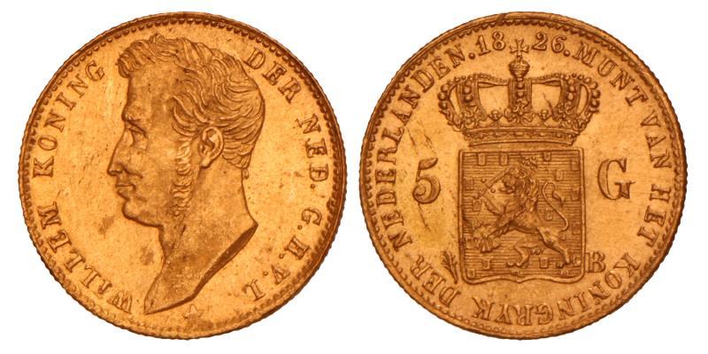5 Gulden goud Willem I 1826 B. FDC -.