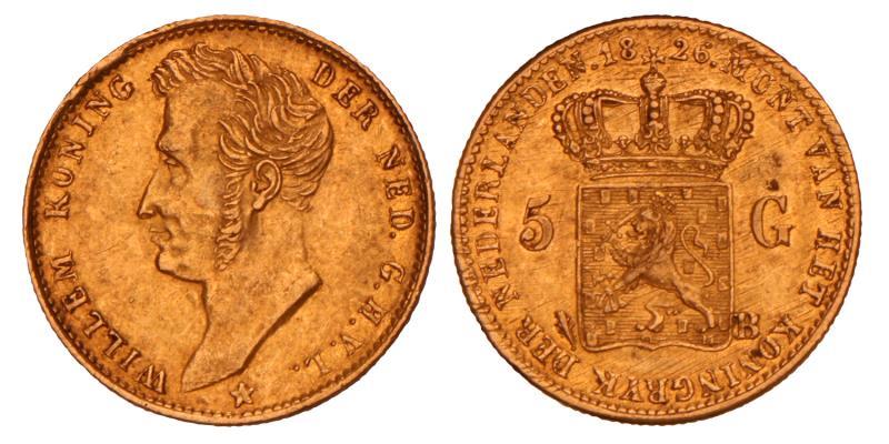 5 Gulden goud Willem I 1826 B. Zeer Fraai / Prachtig.