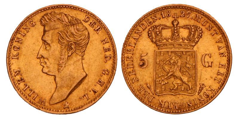 5 Gulden goud Willem I 1827 U. Zeer Fraai / Prachtig.