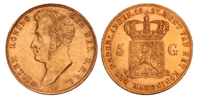 5 Gulden goud Willem I 1827 B. FDC.