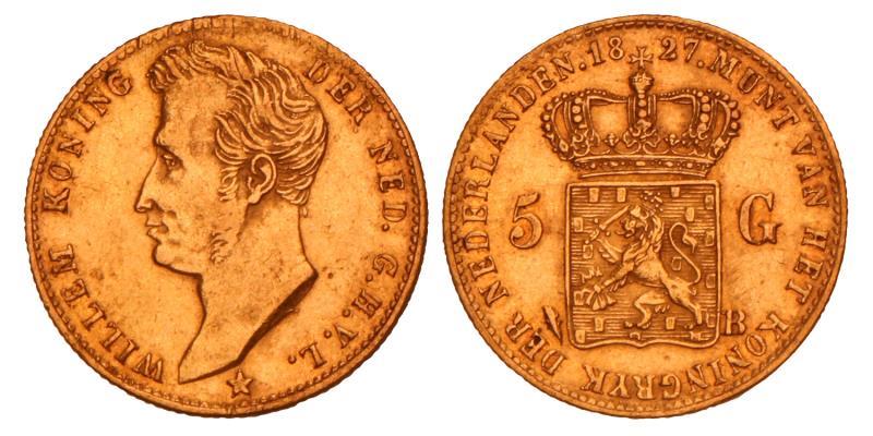 5 Gulden goud Willem I 1827 B. Zeer Fraai / Prachtig.
