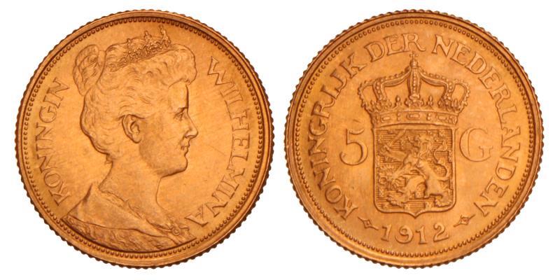 5 Gulden goud Wilhelmina 1912. FDC.