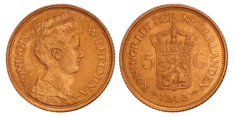 5 Gulden goud Wilhelmina 1912. Prachtig.
