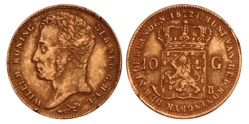 10 Gulden goud Willem I 1824 B montage. Zeer Fraai.