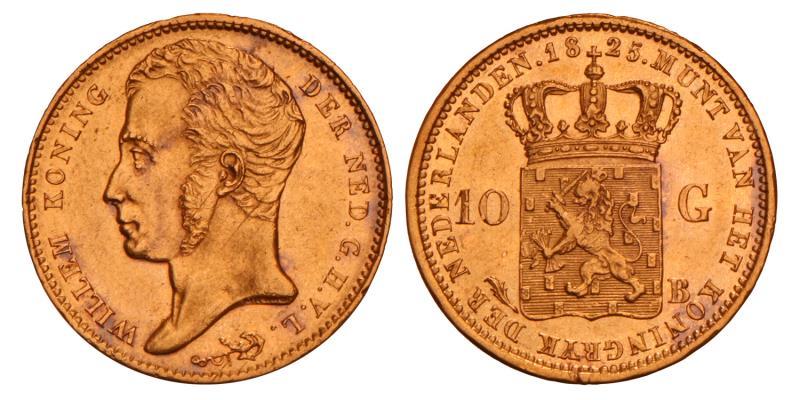 10 Gulden goud Willem I 1825 B. Prachtig +.