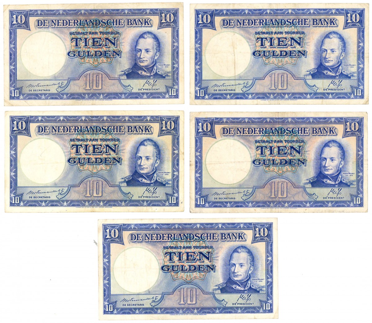 Nederland 5x 10 gulden Bankbiljet Type 1945 II Staatsmijnen - Zeer Fraai -