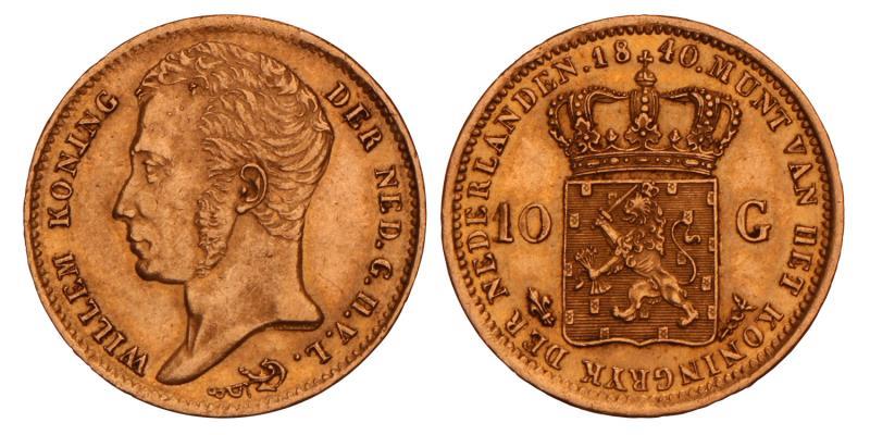 10 Gulden goud Willem I 1840 U. Prachtig +.
