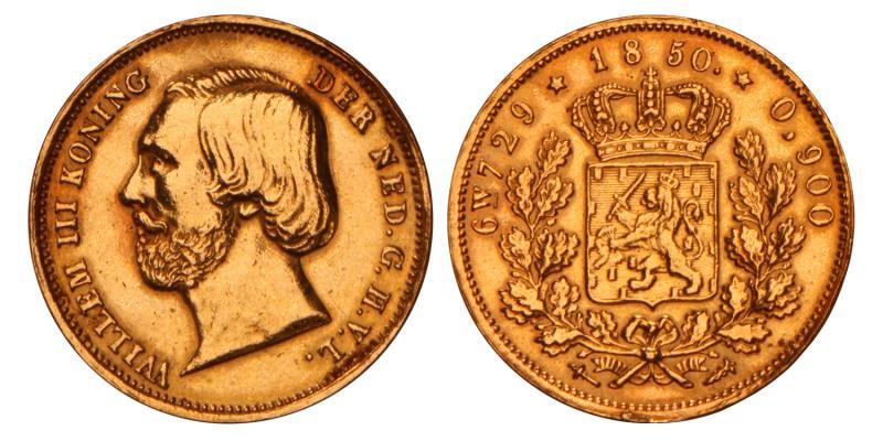 10 Gulden goud negotiepenning Willem III 1850. Zeer Fraai / Prachtig.