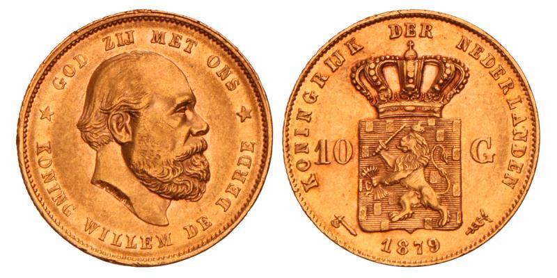 10 Gulden goud Willem III 1879/77. Prachtig +.