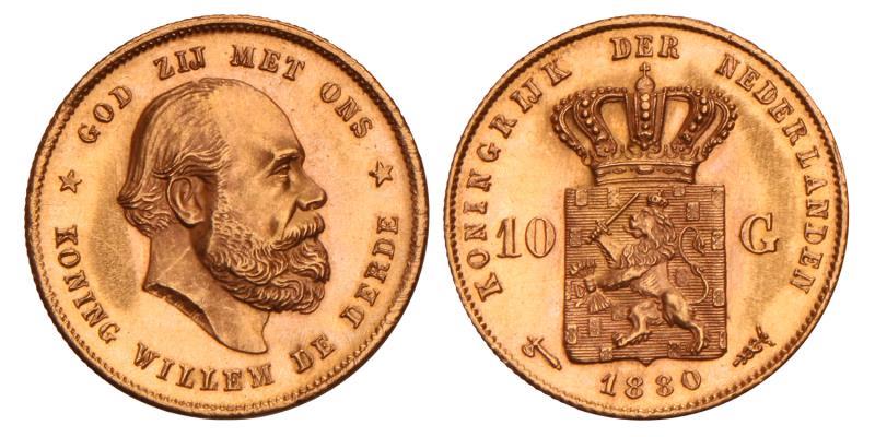 10 Gulden goud Willem III 1880. FDC.
