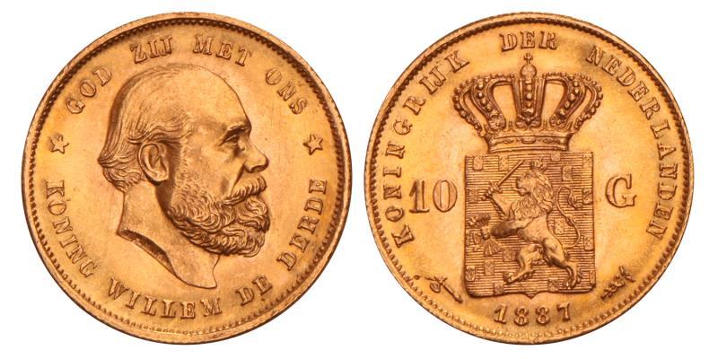 10 Gulden goud Willem III 1887. FDC.