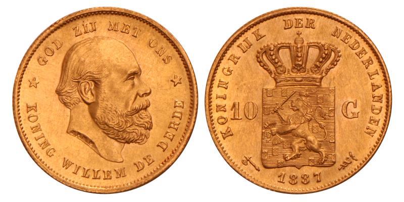 10 Gulden goud Willem III 1887. FDC.