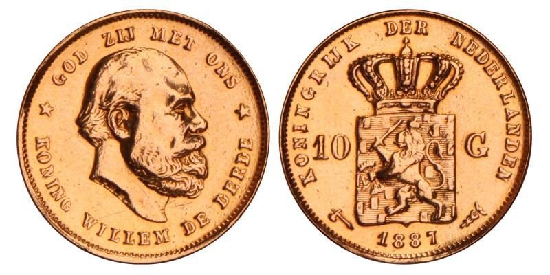 10 Gulden goud Willem III 1887. Zeer Fraai.