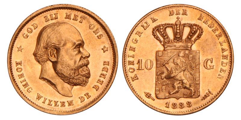 10 Gulden goud Willem III 1888. Prachtig / FDC.