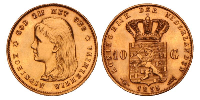 10 Gulden goud Wilhelmina 1895/91. Prachtig / FDC.