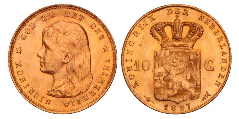 10 Gulden goud Wilhelmina 1897. FDC.