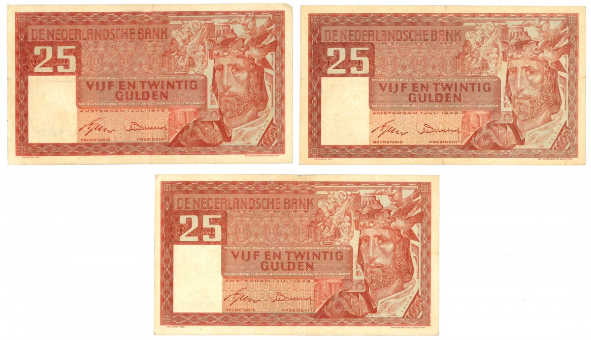 Nederland 3x 25 gulden Bankbiljet Type 1949 Salomo - Zeer Fraai