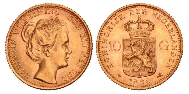 10 Gulden goud Wilhelmina 1898. FDC.