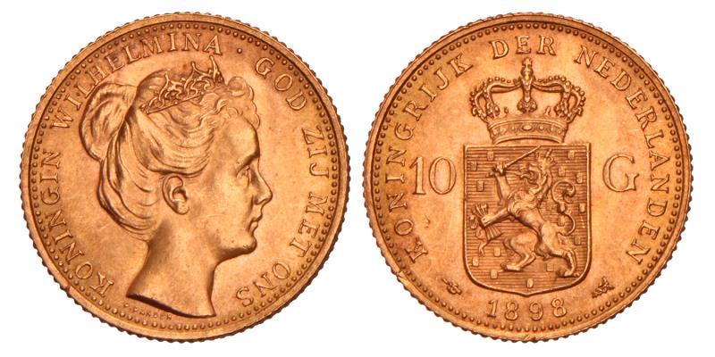10 Gulden goud Wilhelmina 1898. FDC.
