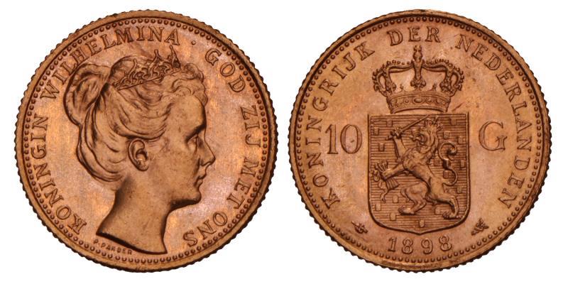 10 Gulden goud Wilhelmina 1898. FDC.