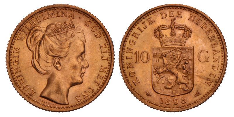 10 Gulden goud Wilhelmina 1898. FDC.
