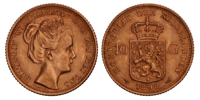 10 Gulden goud Wilhelmina 1898. FDC.