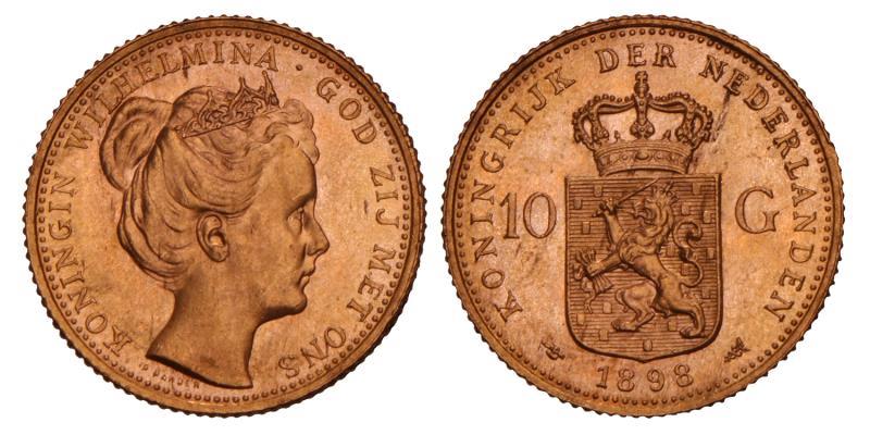 10 Gulden goud Wilhelmina 1898. FDC.