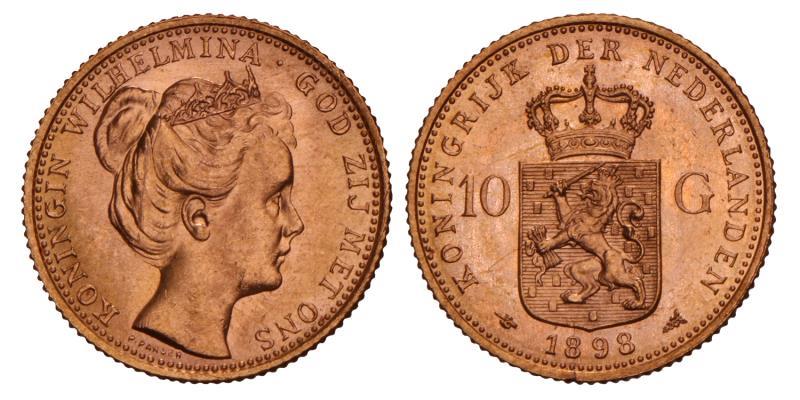10 Gulden goud Wilhelmina 1898. FDC.