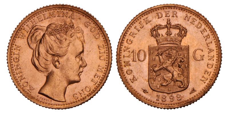 10 Gulden goud Wilhelmina 1898. FDC.